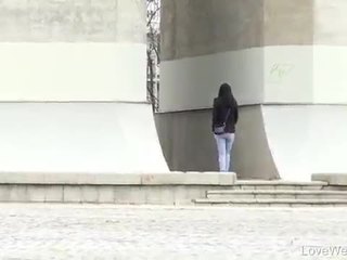 Bursting to pee in public, pretty young girl has no privacy to relief herself