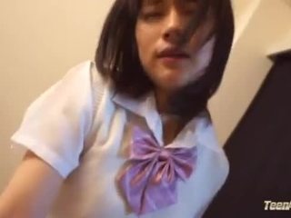 Schoolgirl riding on guy cock fucked hard cum to mouth on the mattress in the ro